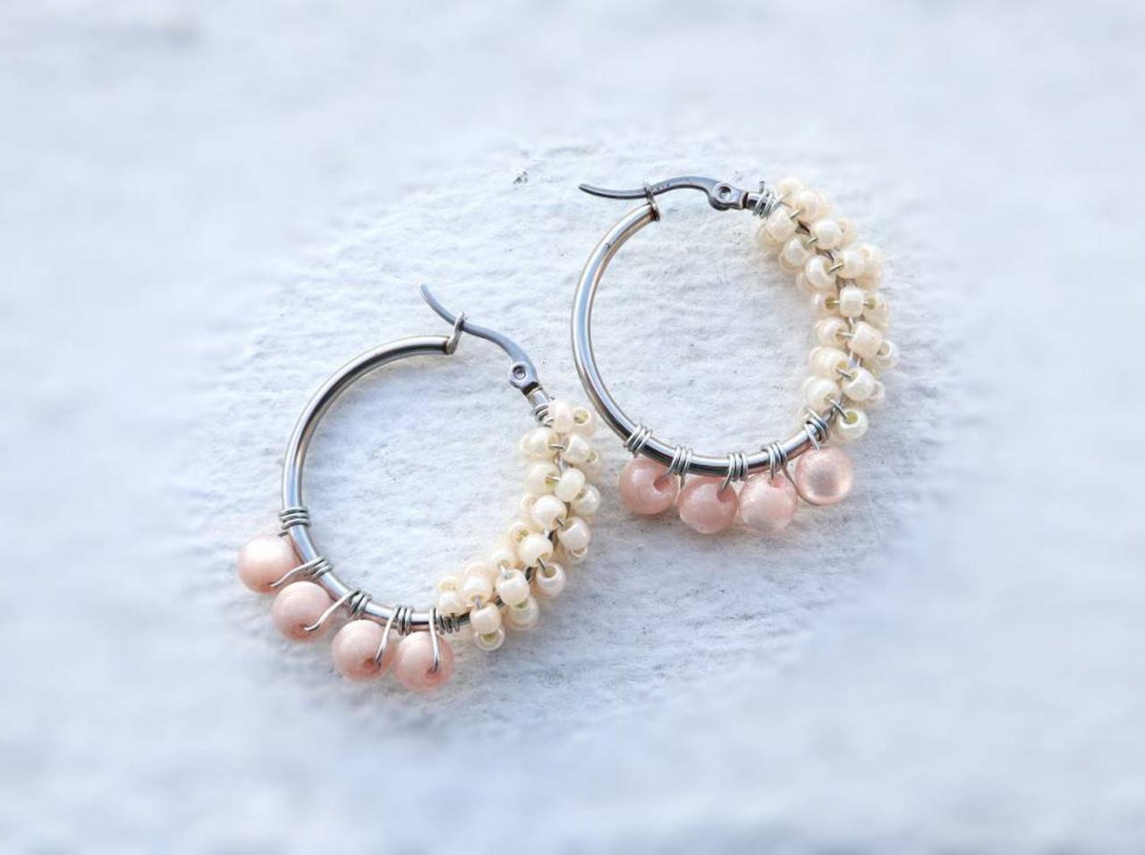 Peach Statement Earrings, Women Hoop Earrings, Pearls Earrings, Gift For Her, Silver Plated Hoops,hoops Statements Earrings