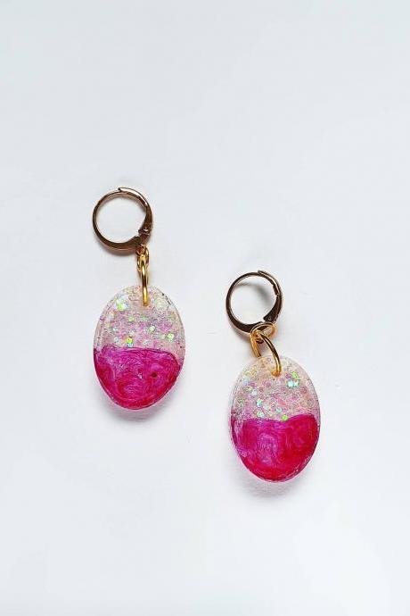 Resin Dangle Earrings, Earrings For Woman, Gift For Mom, Gift For Her, Fuscia Resin Glitter Earrings, Woman Accessories, Glitter Earrings