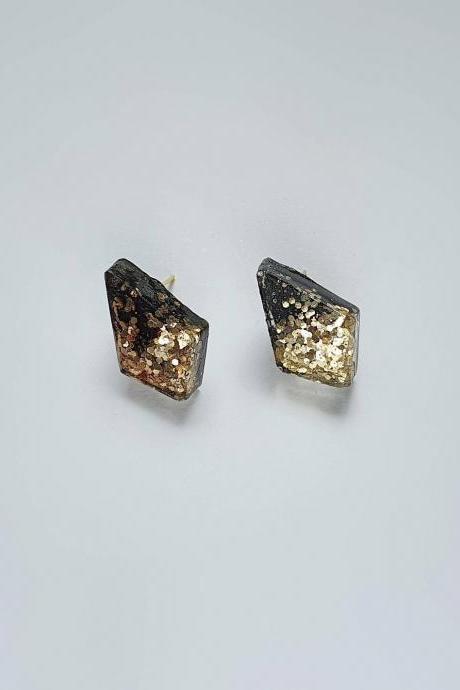 black and gold, resin earrings, stud earrings, gift for mom, simple earrings, glitter earrings, golden earrings, black earrings